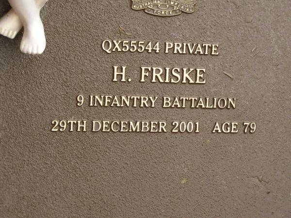 H. FRISKE,  | dad,  | died 29 Dec 2001 aged 79 years;  | Mooloolah cemetery, City of Caloundra  | 