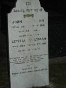 
John MALTMAN,
died 1 July 1916 aged 83 years;
Letitia MALTMAN,
wife,
died 7 March 1917 aged 73 years;
erected by sons & daughters;
Mooloolah cemetery, City of Caloundra

