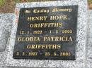 
Henry Hope GRIFFITHS,
12-1-1922 - 1-5-2005;
Gloria Patricia GRIFFITHS,
3-2-1927 - 25-5-2005;
Mooloolah cemetery, City of Caloundra

