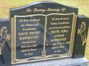 
David Henry MAWHINNEY,
husband father grandfather,
died 19 June 1956 aged 64 years;
Henry John Linham MAWHINNEY,
husband father grandfather great-grandfather,
23-4-1922 - 23-11-2003 aged 81 years;
Jill MAWHINNEY,
mother grandmother great-grandmother,
1-8-1926 - 22-7-2004 aged 77 years;
Mooloolah cemetery, City of Caloundra

