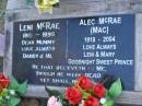 
Leni MCRAE,
1910 - 1996,
mummy,
loved by Daddy & Mi;
Alec (Mac) MCRAE,
1918 - 2004,
loved Leni & Mary;
Mooloolah cemetery, City of Caloundra

