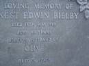 
Ernest Edwin BIELBY,
died 18 May 1983 aged 69 years,
husband of Olive;
Mooloolah cemetery, City of Caloundra

