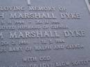 Ralph Marshall DYKE, 3-11-1944 - 20-11-1986, wife of Glenda; Adam Marshall DYKE, 20-2-1986 - 31-3-1986, baby of Ralph & Glenda; Mooloolah cemetery, City of Caloundra  