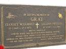 
Stanley Willmott GRAY,
23-3-1915 - 27-3-1973;
Lillian Phyllis GRAY,
18-9-1917 - 4-11-1995;
parents of Annette, Marie, Joan, Helen, Elizabeth,
Michelle, Jennifer, Ronald, Colin, Jeffrey,
Susan & families;
Mooloolah cemetery, City of Caloundra
