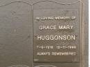 
Grace Mary HUGGONSON,
7-5-1916 - 12-11-1998;
Mooloolah cemetery, City of Caloundra
