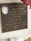 Joshua William BERTRAM, 6-2-1995 - 11-5-1996 aged 15 months, son of Steve & Leeanne, brother of Jake; Mooloolah cemetery, City of Caloundra 