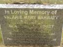 Valarie Mary BARRATT, died 29 Sept 2000; Alan John BARRATT, died 23 Sept 2000; mum & dad of Seeta, Leah & Mark, Alan; Mooloolah cemetery, City of Caloundra 