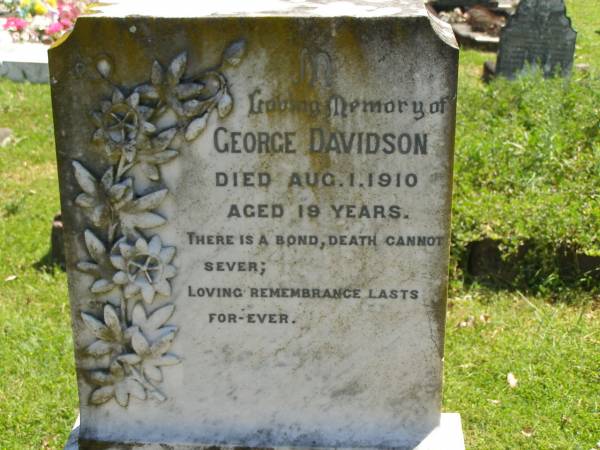 George DAVISON,  | died 1 Aug 1910 aged 19 years;  | Moore-Linville general cemetery, Esk Shire  | 
