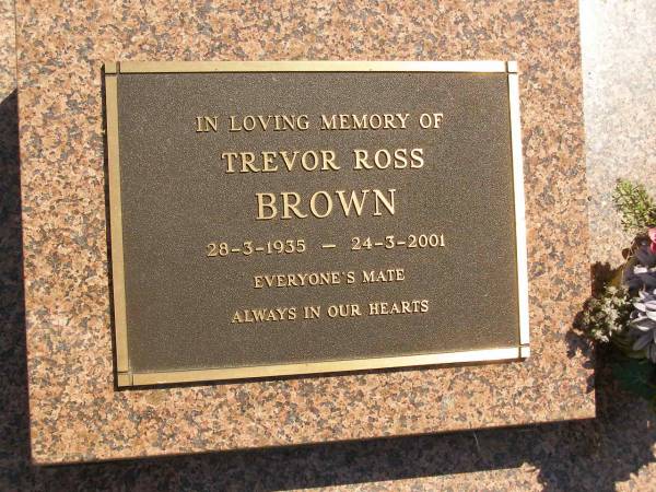 Trevor Ross BROWN,  | 28-3-1935 - 24-3-2001;  | Moore-Linville general cemetery, Esk Shire  | 