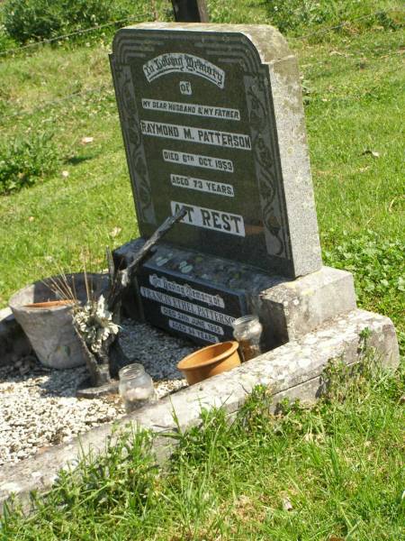 Raymond M. PATTERSON,  | husband father,  | died 6 Oct 1953 aged 73 years;  | Francis Ethel PATTERSON,  | died 24 June 1995 aged 94 years;  | Moore-Linville general cemetery, Esk Shire  | 