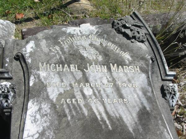 Michael John MARSH,  | died 27 March 1908 aged 46 years;  | Moore-Linville general cemetery, Esk Shire  | 