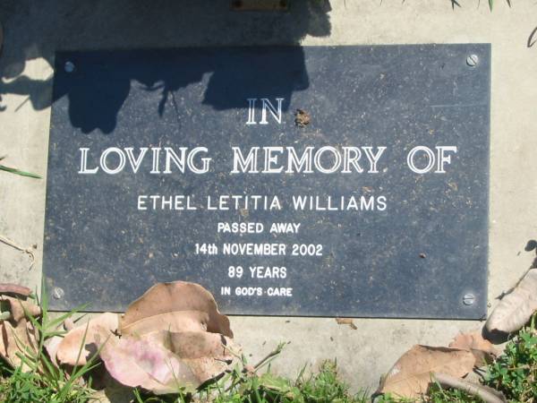 Ethel Letitia WILLIAMS,  | died 14 Nov 2002 aged 89 years;  | Moore-Linville general cemetery, Esk Shire  | 