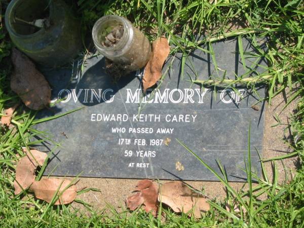 Edward Keith CAREY,  | died 17 Feb 1987 aged 59 years;  | Moore-Linville general cemetery, Esk Shire  | 