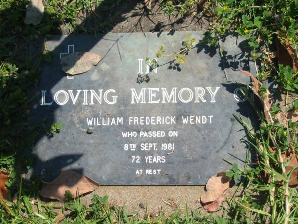 William Frederick WENDT,  | died 8 Sept 1981 aged 72 years;  | Moore-Linville general cemetery, Esk Shire  | 