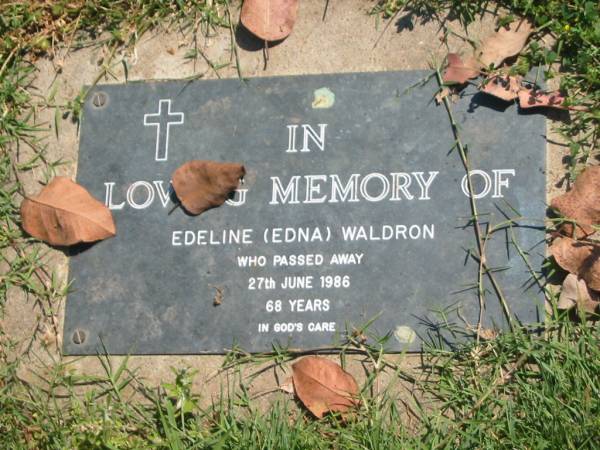 Edeline (Edna) WALDRON,  | died 27 June 1986 aged 68 years;  | Moore-Linville general cemetery, Esk Shire  | 