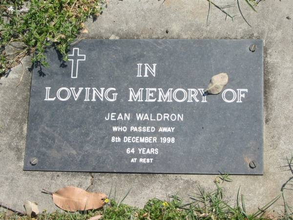 Jean WALDRON,  | died 8 Dec 1998 aged 64 years;  | Moore-Linville general cemetery, Esk Shire  | 