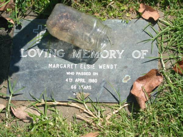 Margaret Elsie WENDT,  | died 4 April 1980 aged 66 years;  | Moore-Linville general cemetery, Esk Shire  | 