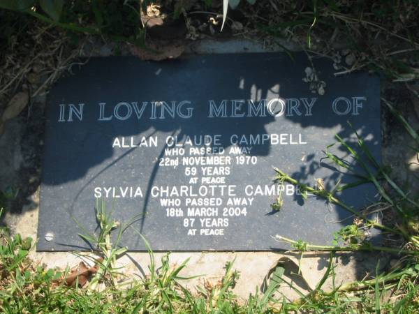 Allan Claude CAMPBELL,  | died 22 Nov 1970 aged 59 years;  | Sylvia Charlotte CAMPBELL,  | died 18 March 2004 aged 87 years;  | Moore-Linville general cemetery, Esk Shire  | 