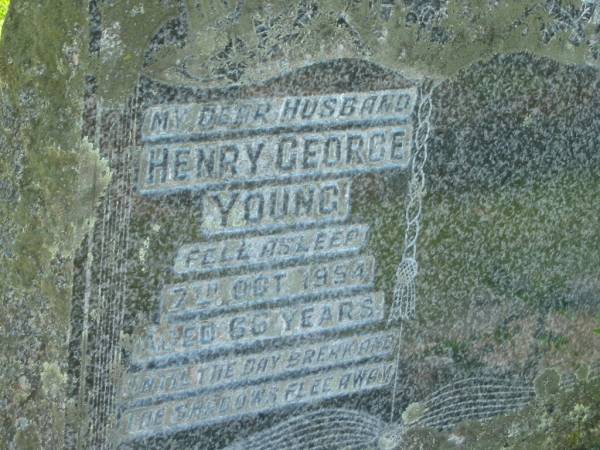 Henry George YOUNG,  | husband,  | died 7 Oct 1954 aged 66 years;  | Moore-Linville general cemetery, Esk Shire  | 