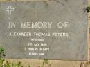 Alexander Thomas PETERS, died 4 July 1909 aged 2 months 8 days; Moore-Linville general cemetery, Esk Shire 