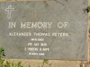 Alexander Thomas PETERS,
died 4 July 1909 aged 2 months 8 days;
Moore-Linville general cemetery, Esk Shire
