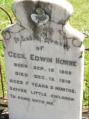 Cecil Edwin HORNE,
born 15 Sept 1909,
died 12 Dec 1916 aged 7 years 3 months;
Moore-Linville general cemetery, Esk Shire