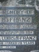 Roland H. FRANZ, died saving the life of his son 5 Feb 1927 aged 47 years; Elfreda Louisa FRANZ, died 16 June 1958 aged 78 years; Moore-Linville general cemetery, Esk Shire 