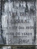 
Ernest F.W. KASSULKE,
husband father,
died 28 Sept 1928 aged 61 years;
Alvena Bertha KASSULKE,
mother,
died 11 Dec 1954 aged 86 years;
Moore-Linville general cemetery, Esk Shire
