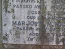 
Frank H. MASTERS,
husband father,
died 2 April 1953 aged 59 years;
Marjorie M. MASTERS,
mother,
died 15 Aug 1959 aged 56 years;
Moore-Linville general cemetery, Esk Shire
