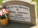 
Sophia Dorothea LARSEN,
died 15 April 1975 aged 78 years;
Moore-Linville general cemetery, Esk Shire
