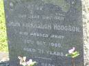 John Kirkhaugh HODGSON,
brother,
died 20 Oct 1950 aged 71 years;
Moore-Linville general cemetery, Esk Shire