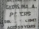 
William T. PETERS,
father,
died 17? March 1942 aged 63? years;
Georgina A. PETERS,
mother,
died 25? Dec 1942 aged 59 years;
Moore-Linville general cemetery, Esk Shire

