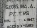 William T. PETERS,
father,
died 17? March 1942 aged 63? years;
Georgina A. PETERS,
mother,
died 25? Dec 1942 aged 59 years;
Moore-Linville general cemetery, Esk Shire