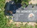 Desmond Roy WENDT,
died 5-9-95 aged 44 years;
Moore-Linville general cemetery, Esk Shire
