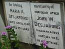 Maria A. DESJARDINS, died 8 Nov 1940 aged 75 years; John W. DESJARDINS, father, died 4 May 1962 aged 89 years; Mt Mort Cemetery, Ipswich 