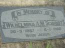 
Wilhelmina A.M. SCHMIDT,
20-3-1887 - 9-1-1980;
Mt Mort Cemetery, Ipswich
