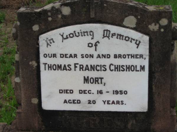 Thomas Francis MORT, son brother,  | died 16 Dec 1950 aged 20 years;  | Mt Mort Cemetery, Ipswich  | 