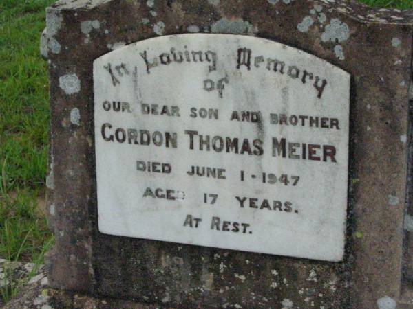 Gordon Thomas MEIER, son brother,  | died 1 June 1947 aged 17 years;  | Mt Mort Cemetery, Ipswich  | 