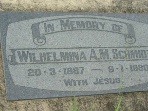 Wilhelmina A.M. SCHMIDT,  | 20-3-1887 - 9-1-1980;  | Mt Mort Cemetery, Ipswich  | 
