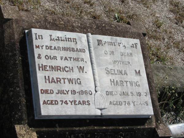 Heinrich W HARTWIG  | 19 Jul 1960  | aged 74 yrs  |   | Selina M HARTWIG  | 5 Jan 1973  | 78 yrs  |   | Mt Walker Historic/Public Cemetery, Boonah Shire, Queensland  |   | 