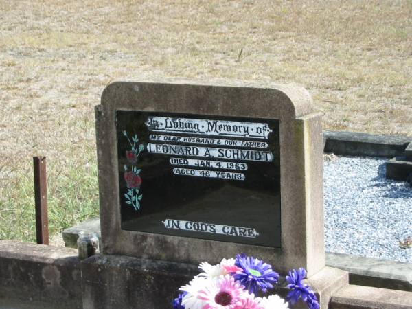 Leonard A SCHMIDT  | 4 Jan 1963  | aged 46  |   | Mt Walker Historic/Public Cemetery, Boonah Shire, Queensland  |   | 