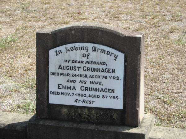 August GRUNHAGEN  | 24 Mar 1958 aged 76 yrs  |   | and his wife  | Emma GRUNHAGEN  | 7 Nov 1960 aged 87 yrs  |   | Mt Walker Historic/Public Cemetery, Boonah Shire, Queensland  |   | 