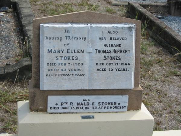 Mary Ellen STOKES  | 7 Feb 1923  | 43 yrs  |   | Husband  | Thomas Herbert STOKES  | 21 Oct 1944  | 70 yrs  |   | Ronald E STOKES  | 13 Jun 1941  |   | Mt Walker Historic/Public Cemetery, Boonah Shire, Queensland  |   | 