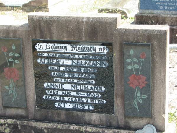 Albert NEUMANN  | 15 Jul 1962  | aged 75 yrs  |   | Annie NEUMANN  | 5 Aug 1983  | aged 99 yrs 9 months  |   | Mt Walker Historic/Public Cemetery, Boonah Shire, Queensland  |   | 