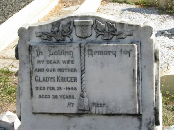 Gladys KRUGER  | 25 Feb 1948  | aged 36 yrs  |   | Mt Walker Historic/Public Cemetery, Boonah Shire, Queensland  |   | 