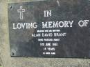 
Alan David BRANT
9 Jun 1982, aged 14
Mt Cotton  Gramzow  Cornubia  Carbrook Lutheran Cemetery, Logan City

