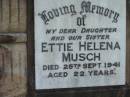 
Ettie Helena MUSCH
25 Sep 1941, aged 22

TIDDUMS

Mt Cotton  Gramzow  Cornubia  Carbrook Lutheran Cemetery, Logan City

