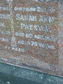 
Benjamin Rawnsley PRESTON
d: 2 Nov 1965, aged 70
Sarah Ann PRESTON
d: 8 Aug 1958, aged 70
Mt Cotton  Gramzow  Cornubia  Carbrook Lutheran Cemetery, Logan City

