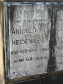 
Anna Louise HEIDENREICH
25 Mar 1954, aged 64
Carl August HEIDENREICH
16 May 1942, aged 58
Mt Cotton  Gramzow  Cornubia  Carbrook Lutheran Cemetery, Logan City

