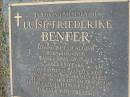 
Luise Friederike BENFER
(wife of Adolph)
b: 11 Sep 1906, d: 26 Jan 1992, aged 85
Mt Cotton  Gramzow  Cornubia  Carbrook Lutheran Cemetery, Logan City

